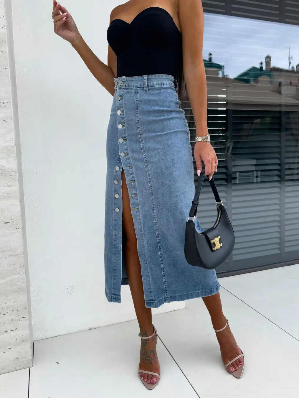 Long button down black denim skirt